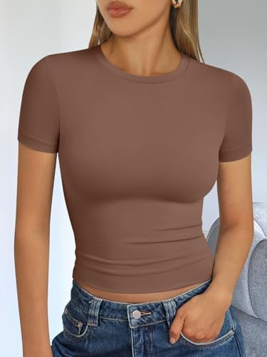 Trendy Queen Womens Short Sleeve T Shirts Summer Crop Tops Basic Slim Fit Gym Workout Y2k Clothes