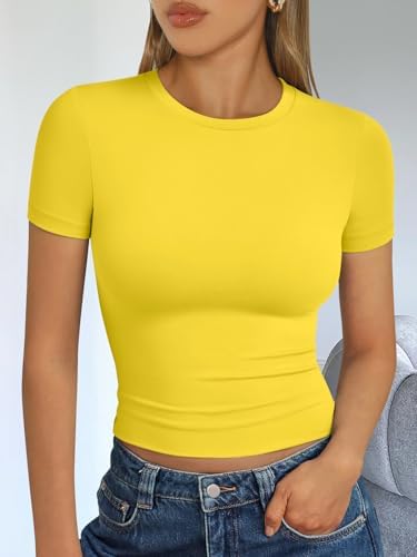 Trendy Queen Womens Short Sleeve T Shirts Summer Crop Tops Basic Slim Fit Gym Workout Y2k Clothes