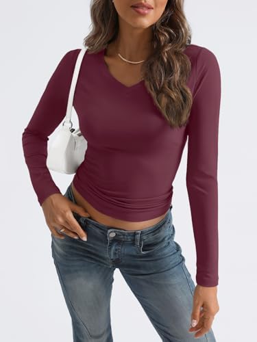 Trendy Queen Long Sleeve Shirts for Women 2025 Fall Fashion V Neck Basics Crop Tops Slim Fitted Y2K Tops Outfits Clothes