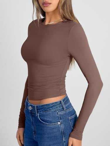 Trendy Queen Womens Long Sleeve Shirts Crop Tops Fall Fashion 2025 Going Out Basic Winter Clothes