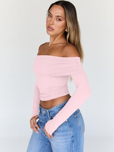Trendy Queen Women Long Sleeve Shirts Off Shoulder Tops Going Out Crop Sexy Slim Fitted Y2K Fall Outfits 2025 Fashion Clothes