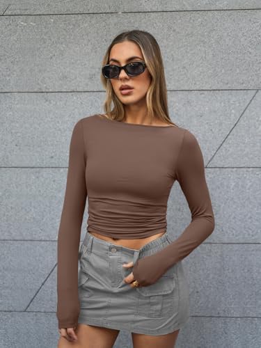 Trendy Queen Women's Boat Neck Tops Long Sleeve Shirts Casual Fitted Tee Shirts Solid Color Fall Basic Clothes 2025