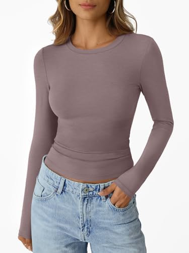 Trendy Queen Womens Long Sleeve T-Shirts Basic Crop Tops 2025 Fall Fashion Outfits Going Out Winter Clothes
