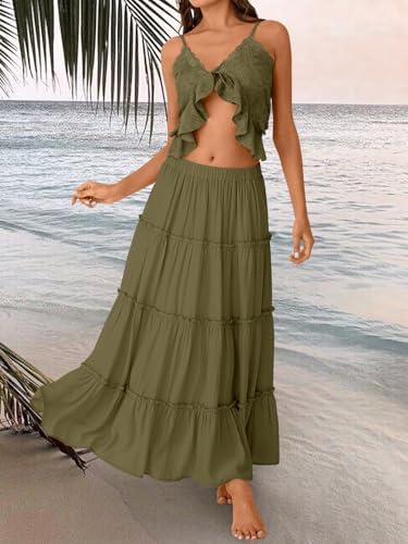 Trendy Queen Long Skirts for Women Boho Maxi Skirt Summer Swing Tiered A-Line Elastic High Waist Dress with Pockets Fashion