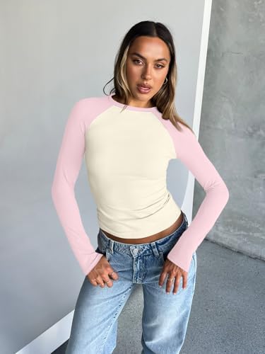 Trendy Queen Women's Long Sleeve Shirts Slim Fit Stretchy Color Block Slightly Cropped Tops