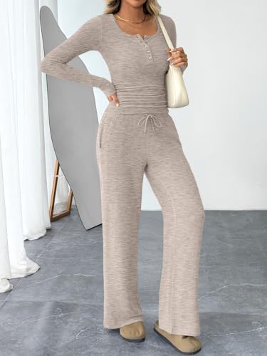 Trendy Queen Women's 2 Piece Matching Lounge Sets Fall Fashion Outfits Henley Neck Sweater Top Wide Leg Pants Sweat Suits