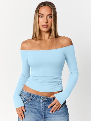 Trendy Queen Womens Long Sleeve Off The Shoulder Tops Going Out Cute Basic Y2K Fall Fashion 2025 Outfits Clothes