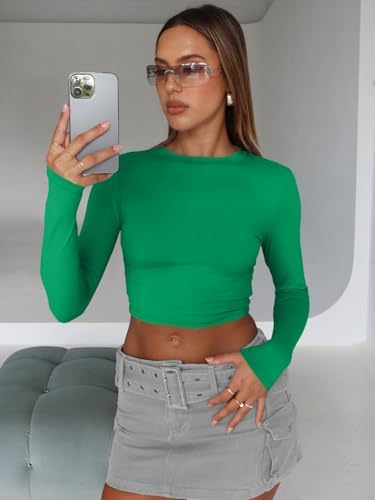 Trendy Queen Womens Long Sleeve Crop Tops Basic Slim Fitted Shirts Fashion 2025 Going Out Y2k Tops Teen Girl Clothes