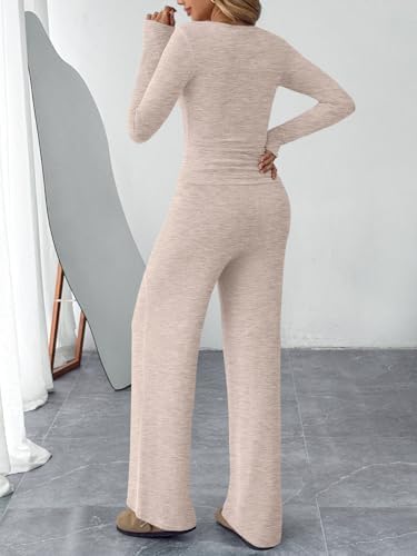 Trendy Queen Women's 2 Piece Matching Lounge Sets Fall Fashion Outfits Henley Neck Sweater Top Wide Leg Pants Sweat Suits