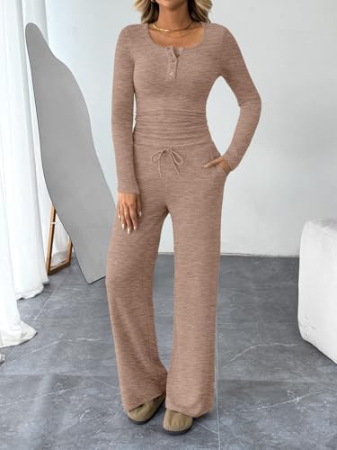 Trendy Queen Women's 2 Piece Matching Lounge Sets Fall Fashion Outfits Henley Neck Sweater Top Wide Leg Pants Sweat Suits
