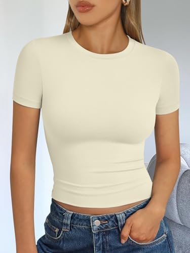 Trendy Queen Womens Short Sleeve T Shirts Summer Crop Tops Basic Slim Fit Gym Workout Y2k Clothes