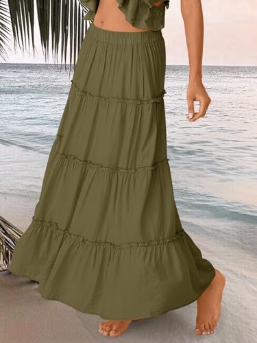 Trendy Queen Long Skirts for Women Boho Maxi Skirt Summer Swing Tiered A-Line Elastic High Waist Dress with Pockets Fashion