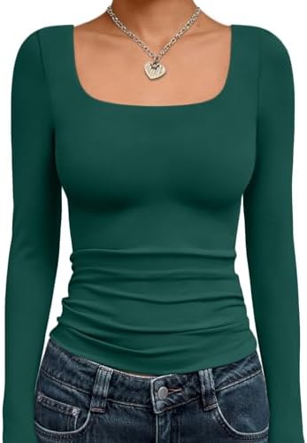Trendy Queen Womens Long Sleeve Shirts Crop Tops Fall Fashion 2025 Square Neck Going Out Basics Tees Y2k Clothes