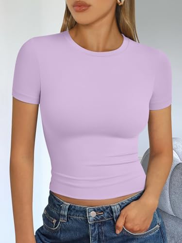 Trendy Queen Womens Short Sleeve T Shirts Summer Crop Tops Basic Slim Fit Gym Workout Y2k Clothes