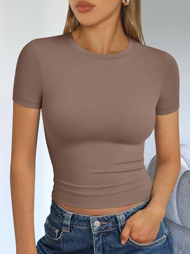 Trendy Queen Womens Short Sleeve T Shirts Summer Crop Tops Basic Slim Fit Gym Workout Y2k Clothes