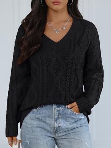 Trendy Queen Oversized Cable Knit Sweaters for Women 2025 Cozy Pullover Knit Fall Outfits V Neck Cute Winter Clothing