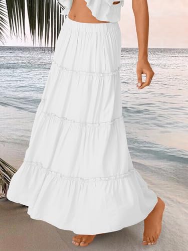 Trendy Queen Long Skirts for Women Boho Maxi Skirt Summer Swing Tiered A-Line Elastic High Waist Dress with Pockets Fashion
