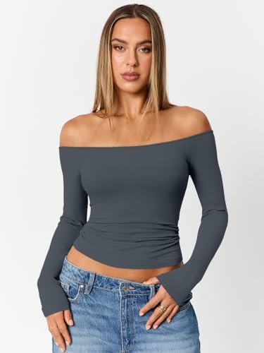 Trendy Queen Womens Long Sleeve Off The Shoulder Tops Going Out Cute Basic Y2K Fall Fashion 2025 Outfits Clothes