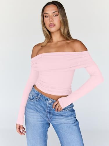 Trendy Queen Women Long Sleeve Shirts Off Shoulder Tops Going Out Crop Sexy Slim Fitted Y2K Fall Outfits 2025 Fashion Clothes