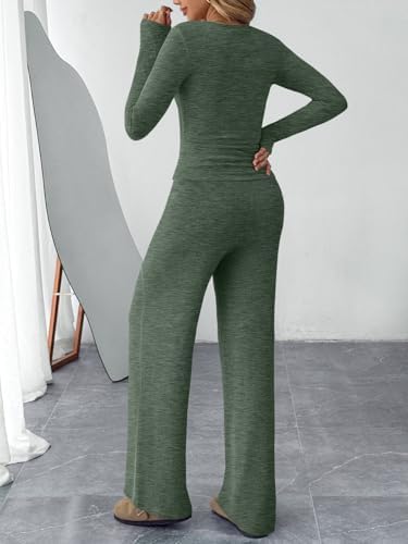 Trendy Queen Women's 2 Piece Matching Lounge Sets Fall Fashion Outfits Henley Neck Sweater Top Wide Leg Pants Sweat Suits