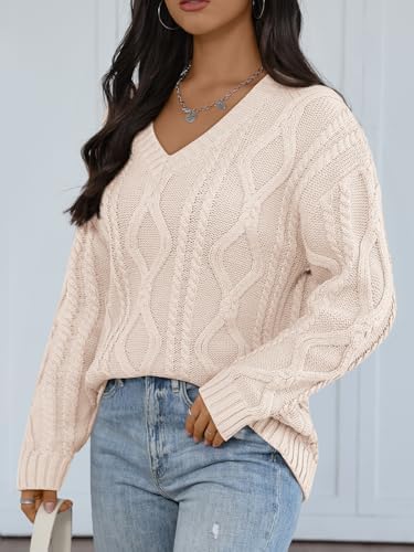Trendy Queen Oversized Cable Knit Sweaters for Women 2025 Cozy Pullover Knit Fall Outfits V Neck Cute Winter Clothing