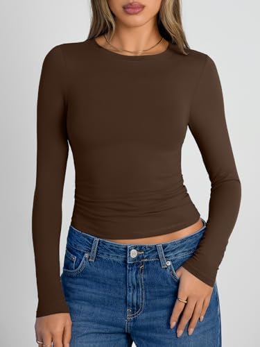 Trendy Queen Womens Long Sleeve Shirts Crop Tops Fall Fashion 2025 Going Out Basic Winter Clothes