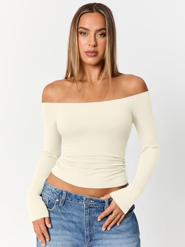 Trendy Queen Womens Long Sleeve Off The Shoulder Tops Going Out Cute Basic Y2K Fall Fashion 2025 Outfits Clothes