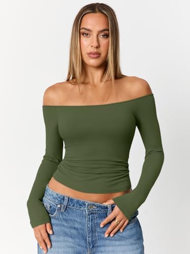 Trendy Queen Womens Long Sleeve Off The Shoulder Tops Going Out Cute Basic Y2K Fall Fashion 2025 Outfits Clothes
