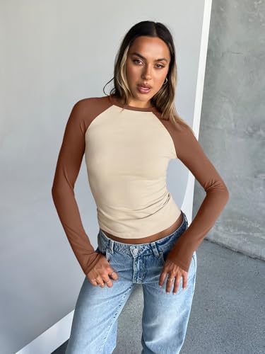 Trendy Queen Women's Long Sleeve Shirts Slim Fit Stretchy Color Block Slightly Cropped Tops