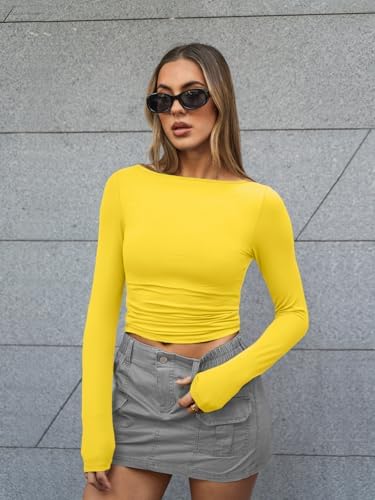 Trendy Queen Women's Boat Neck Tops Long Sleeve Shirts Casual Fitted Tee Shirts Solid Color Fall Basic Clothes 2025