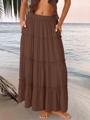 Trendy Queen Long Skirts for Women Boho Maxi Skirt Summer Swing Tiered A-Line Elastic High Waist Dress with Pockets Fashion
