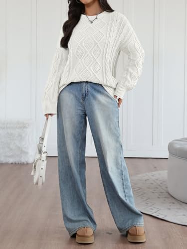 Trendy Queen Women's Oversized Cable Knit Crewneck Sweaters Cozy Winter Clothes