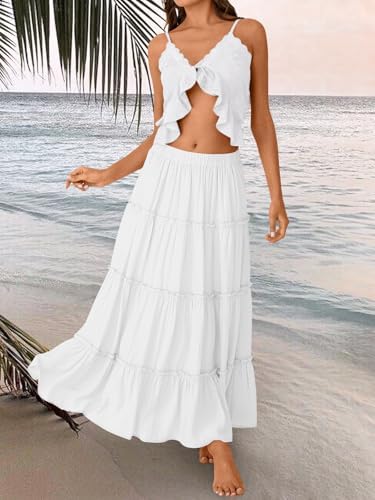 Trendy Queen Long Skirts for Women Boho Maxi Skirt Summer Swing Tiered A-Line Elastic High Waist Dress with Pockets Fashion