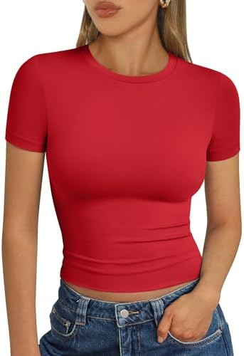 Trendy Queen Womens Short Sleeve T Shirts Summer Crop Tops Basic Slim Fit Gym Workout Y2k Clothes