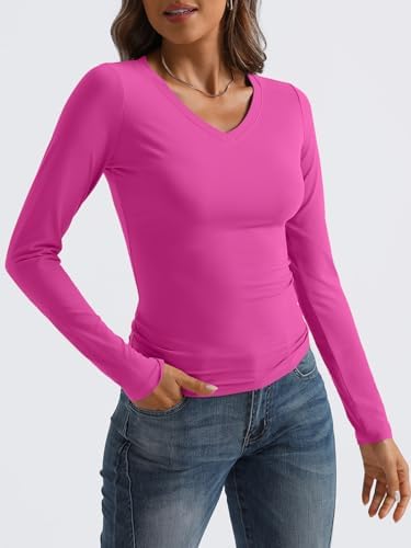 Trendy Queen Long Sleeve Shirts for Women 2025 Fall Fashion V Neck Basics Crop Tops Slim Fitted Y2K Tops Outfits Clothes