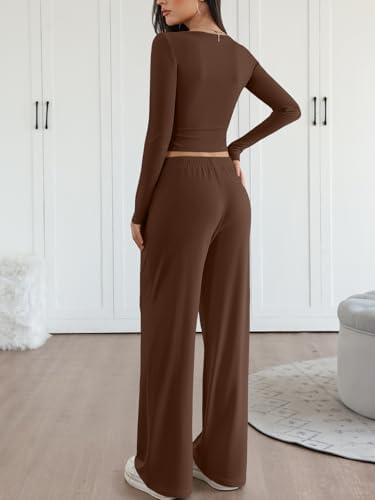 Trendy Queen 2 Piece Matching Lounge Sets for Women Fall Fashion 2025 Two Piece Outfits Henley Crop Tops Wide Leg Pants