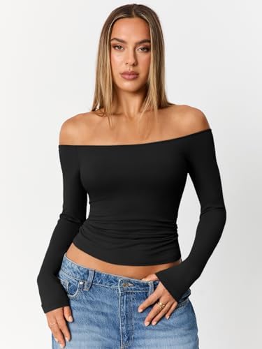 Trendy Queen Womens Long Sleeve Off The Shoulder Tops Going Out Cute Basic Y2K Fall Fashion 2025 Outfits Clothes