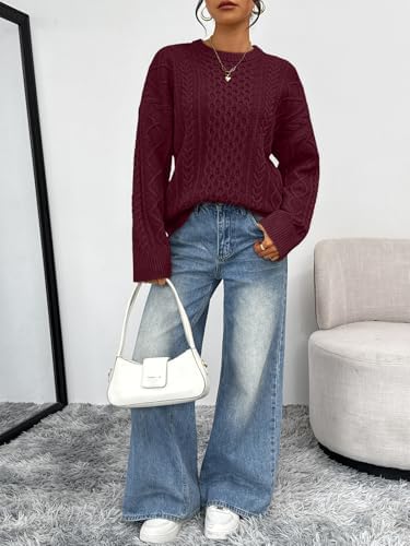 Trendy Queen Oversized Cable Knit Sweaters for Women Trendy 2025 Fall Fashion Outfits Pullover Crewneck Sweaters Tops