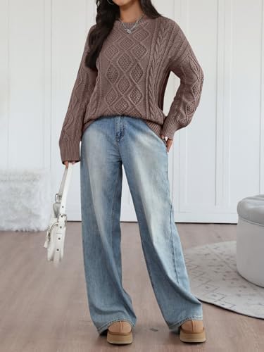 Trendy Queen Women's Oversized Cable Knit Crewneck Sweaters Cozy Winter Clothes