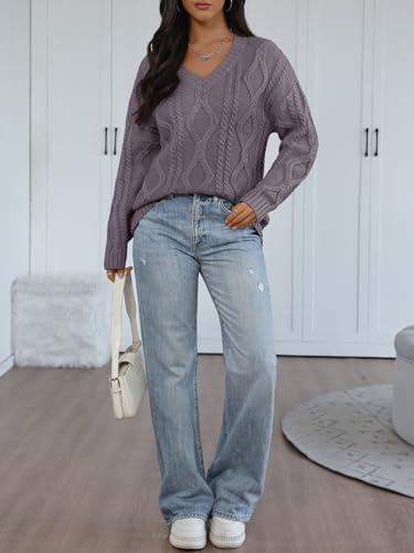 Trendy Queen Oversized Cable Knit Sweaters for Women 2025 Cozy Pullover Knit Fall Outfits V Neck Cute Winter Clothing