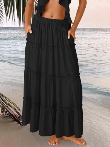 Trendy Queen Long Skirts for Women Boho Maxi Skirt Summer Swing Tiered A-Line Elastic High Waist Dress with Pockets Fashion