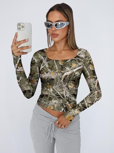 Trendy Queen Womens Long Sleeve Shirts Crop Tops Fall Fashion 2025 Square Neck Going Out Basics Tees Y2k Clothes