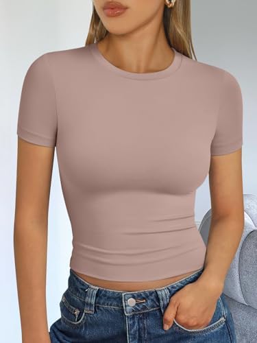 Trendy Queen Womens Short Sleeve T Shirts Summer Crop Tops Basic Slim Fit Gym Workout Y2k Clothes