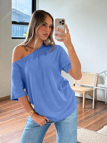 Trendy Queen Womens Off The Shoulder Tops Oversized T-Shirts Short Sleeve Tees Summer 2025 Casual Spring Fashion Clothes