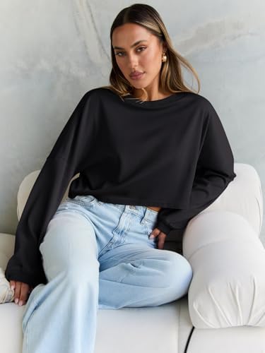 Trendy Queen Cropped Sweatshirts for Women Oversized Crewneck Sweaters Long Sleeve Tops Fall Winter Clothes 2025
