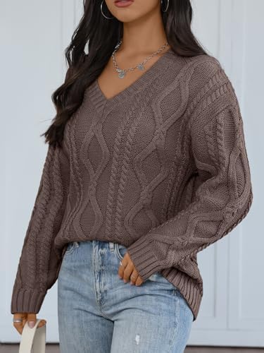 Trendy Queen Oversized Cable Knit Sweaters for Women 2025 Cozy Pullover Knit Fall Outfits V Neck Cute Winter Clothing