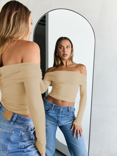 Trendy Queen Women Long Sleeve Shirts Off Shoulder Tops Going Out Crop Sexy Slim Fitted Y2K Fall Outfits 2025 Fashion Clothes