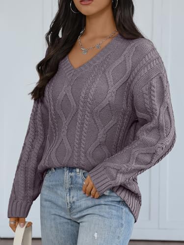 Trendy Queen Oversized Cable Knit Sweaters for Women 2025 Cozy Pullover Knit Fall Outfits V Neck Cute Winter Clothing