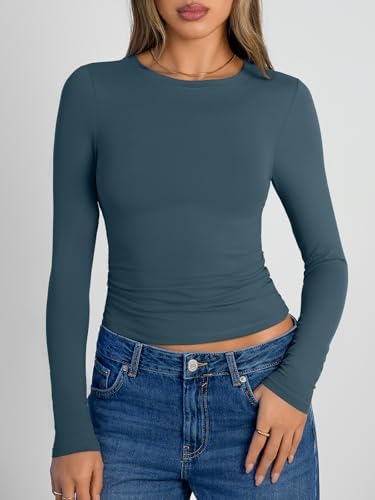 Trendy Queen Womens Long Sleeve Shirts Crop Tops Fall Fashion 2025 Going Out Basic Winter Clothes