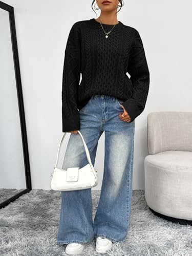 Trendy Queen Oversized Cable Knit Sweaters for Women Trendy 2025 Fall Fashion Outfits Pullover Crewneck Sweaters Tops